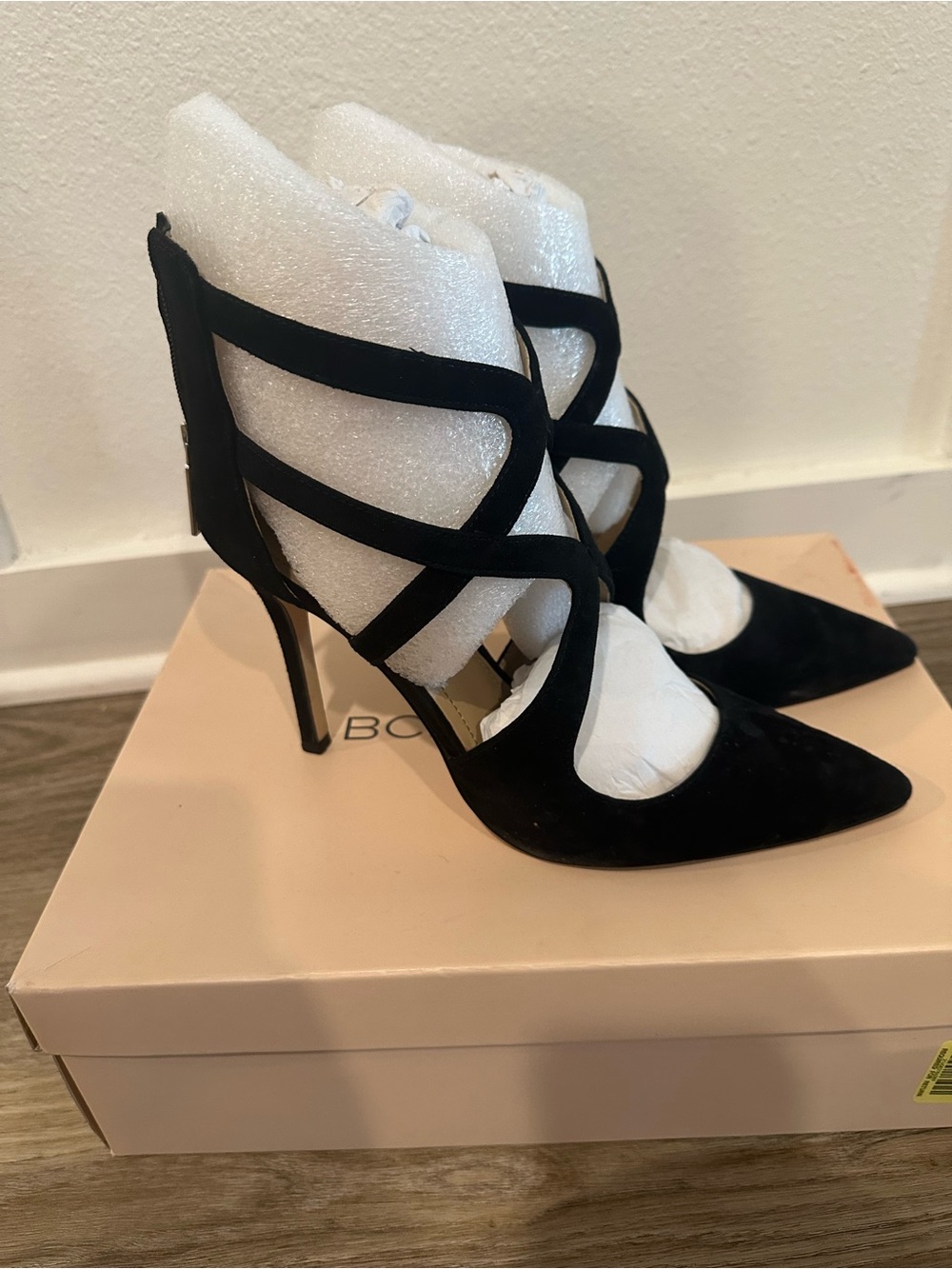 BCBG- Women's Black Strappy Pointed-Toe Stiletto Heels